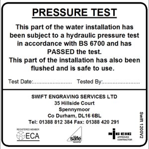 100 Swift 1200V2 Water Pressure Test Label
